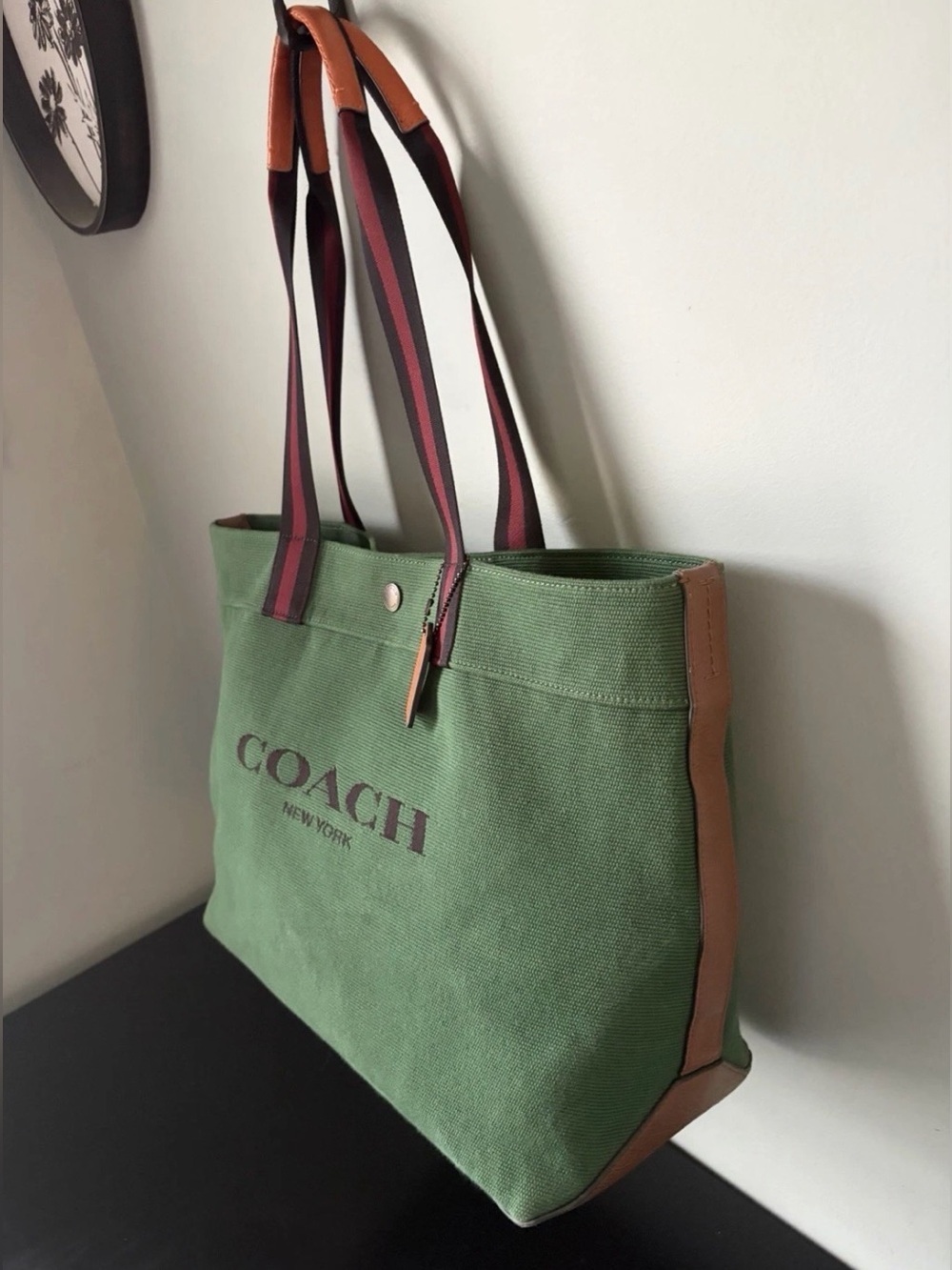 COACH Tote Bag 38 in Colorblock Forest Green Canvas/ Brown Leather/ Navy Stripes - Picture 7 of 16